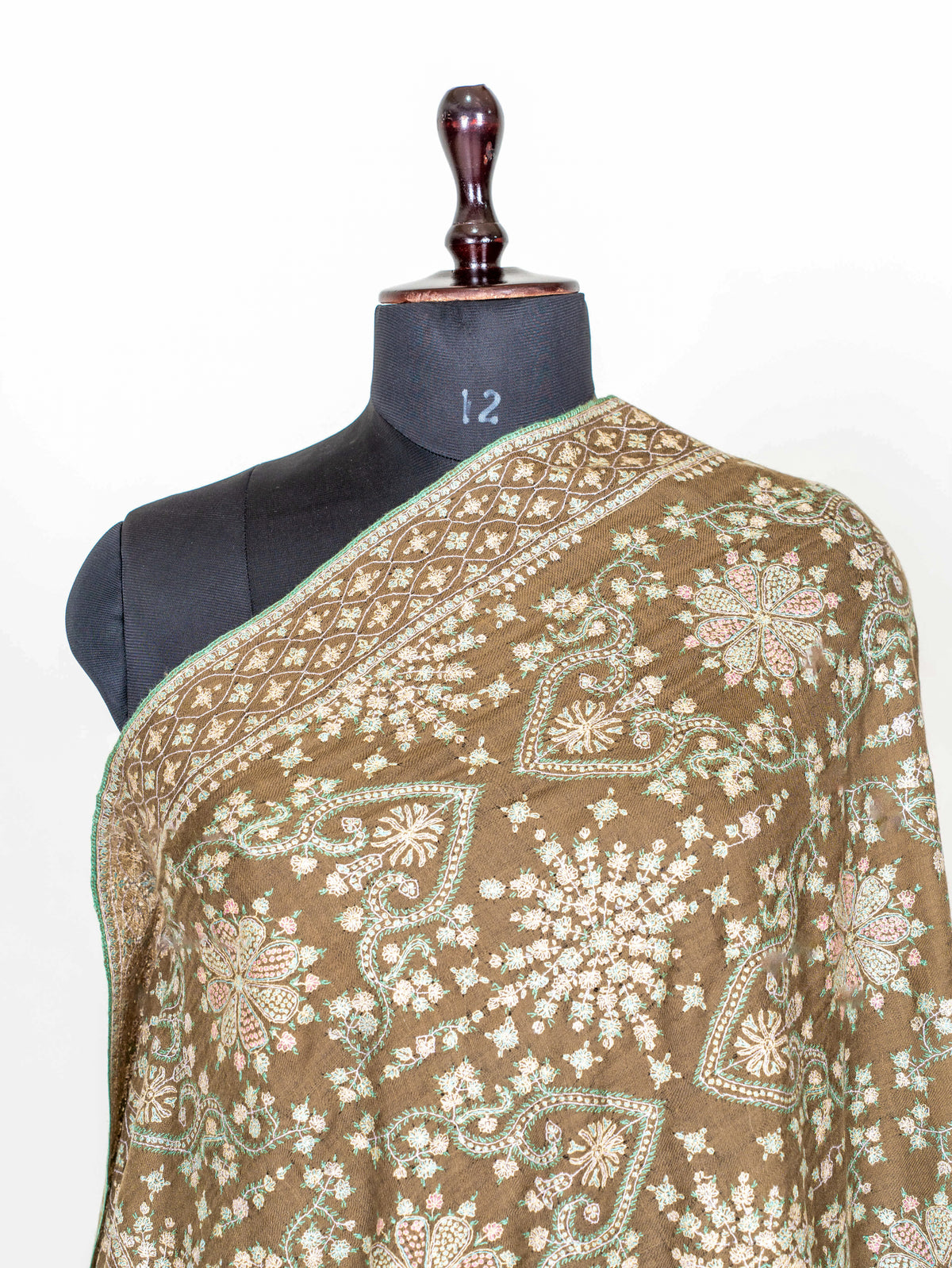 Olive Cascade Pure Pashmina Sozni Hand Embroidered Shawl