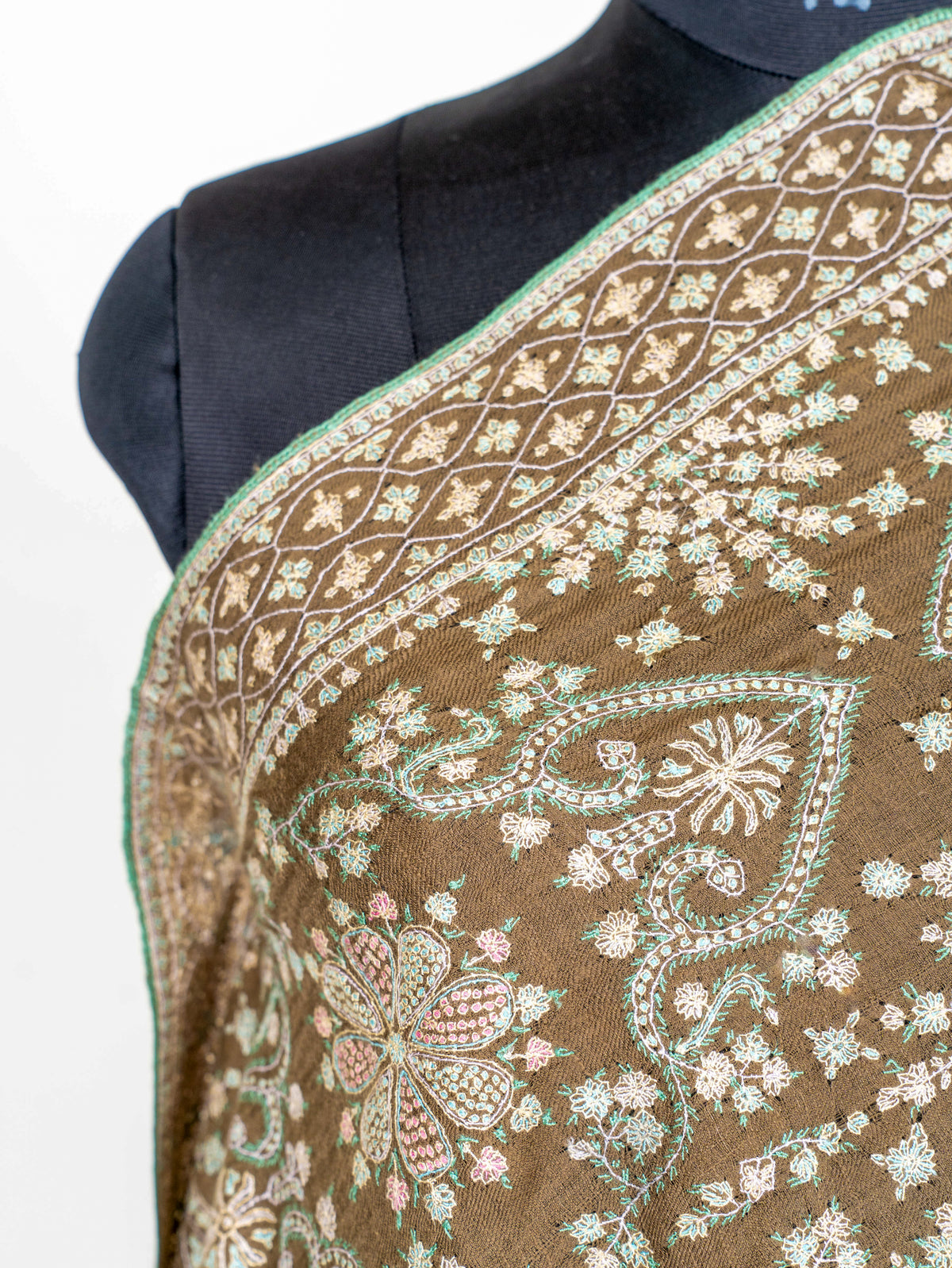 Olive Cascade Pure Pashmina Sozni Hand Embroidered Shawl