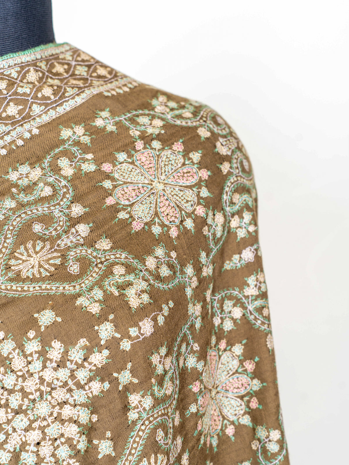 Olive Cascade Pure Pashmina Sozni Hand Embroidered Shawl