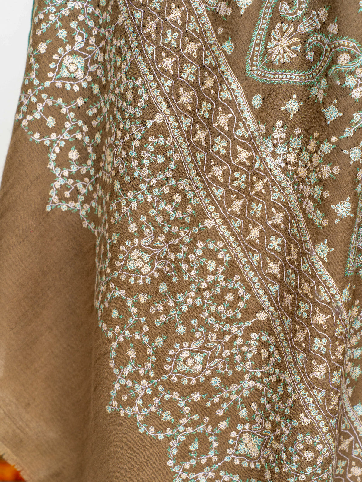 Olive Cascade Pure Pashmina Sozni Hand Embroidered Shawl