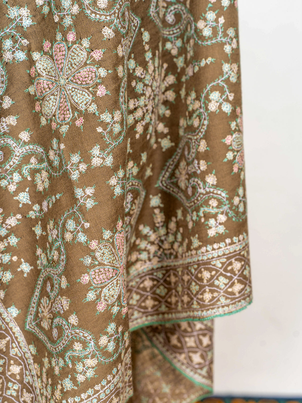 Olive Cascade Pure Pashmina Sozni Hand Embroidered Shawl