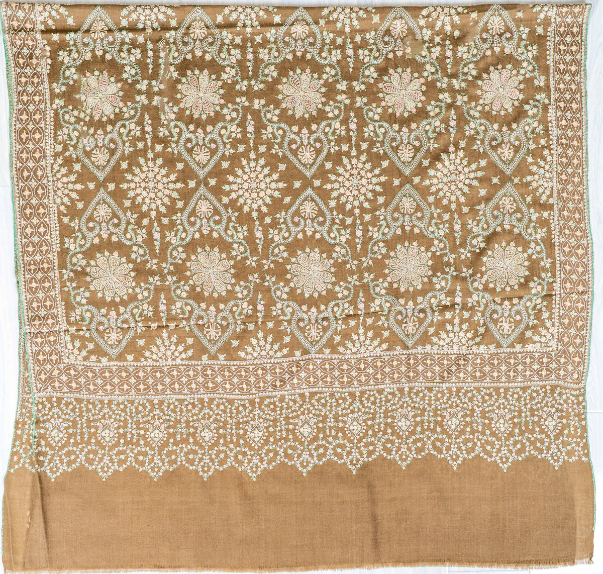 Olive Cascade Pure Pashmina Sozni Hand Embroidered Shawl