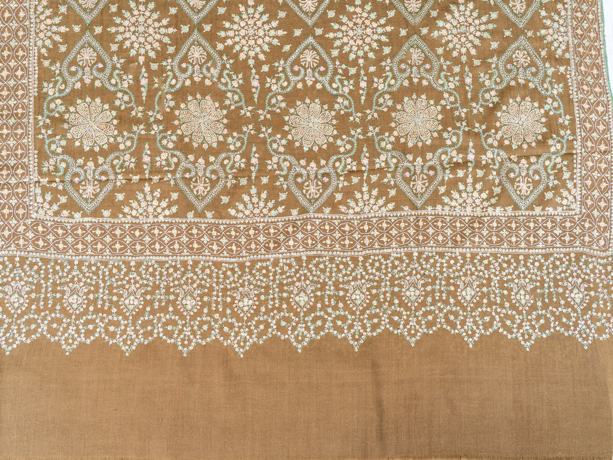 Olive Cascade Pure Pashmina Sozni Hand Embroidered Shawl