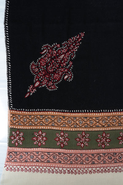 2.5 Yards | Shabnam-e-Siyah — Sozni Hand-Embroidered Shawl in Black with Multicolor Borders