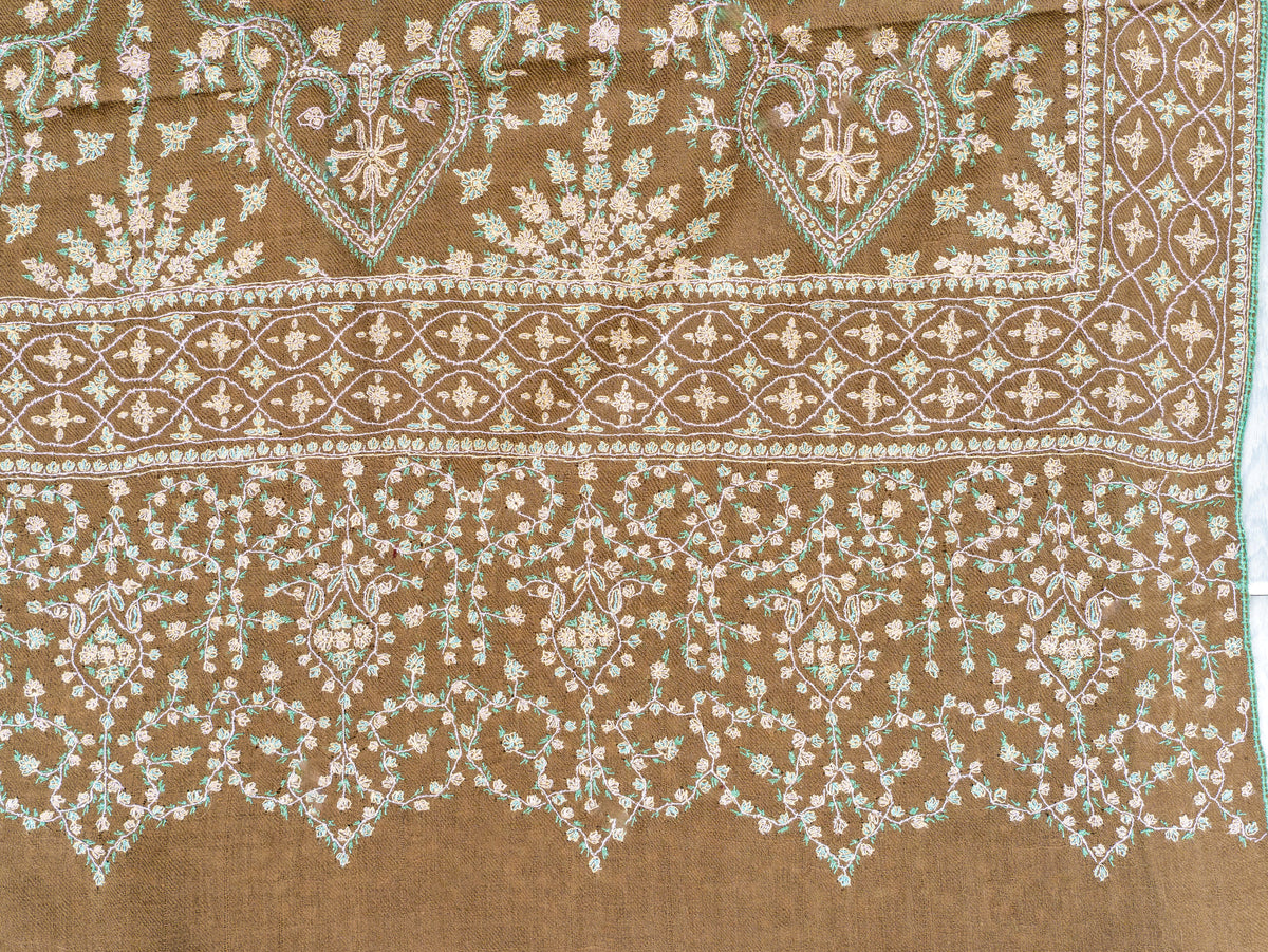 Olive Cascade Pure Pashmina Sozni Hand Embroidered Shawl