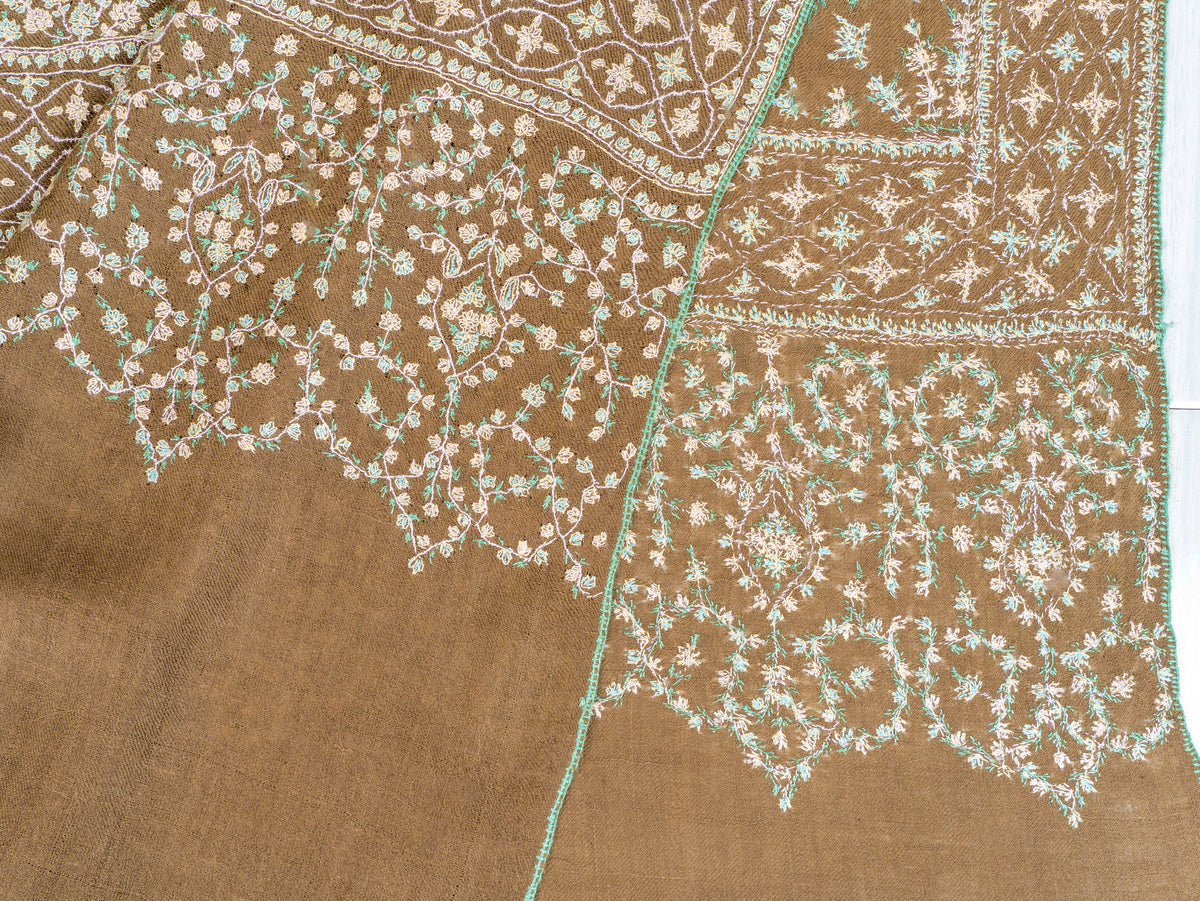 Olive Cascade Pure Pashmina Sozni Hand Embroidered Shawl