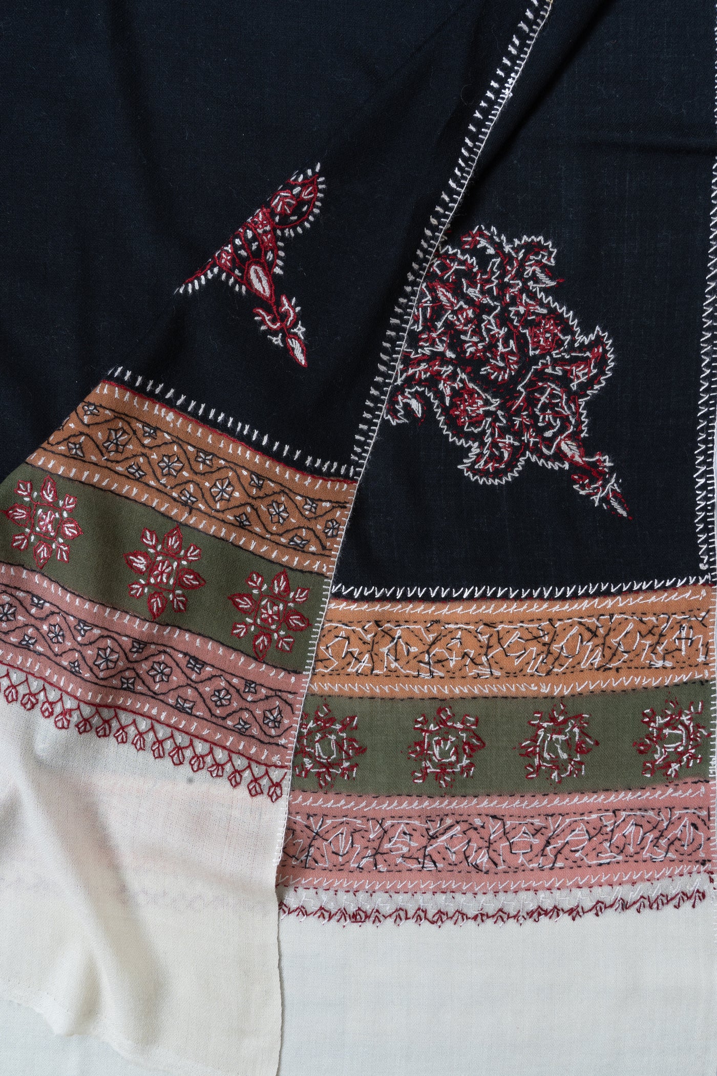 2.5 Yards | Shabnam-e-Siyah — Sozni Hand-Embroidered Shawl in Black with Multicolor Borders