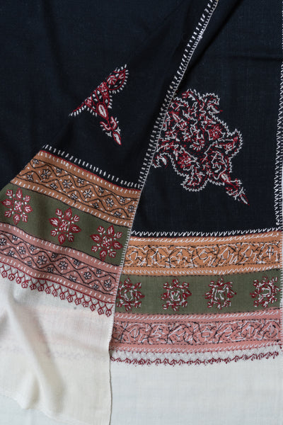 2.5 Yards | Shabnam-e-Siyah — Sozni Hand-Embroidered Shawl in Black with Multicolor Borders