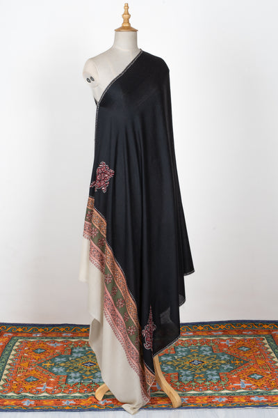 2.5 Yards | Shabnam-e-Siyah — Sozni Hand-Embroidered Shawl in Black with Multicolor Borders