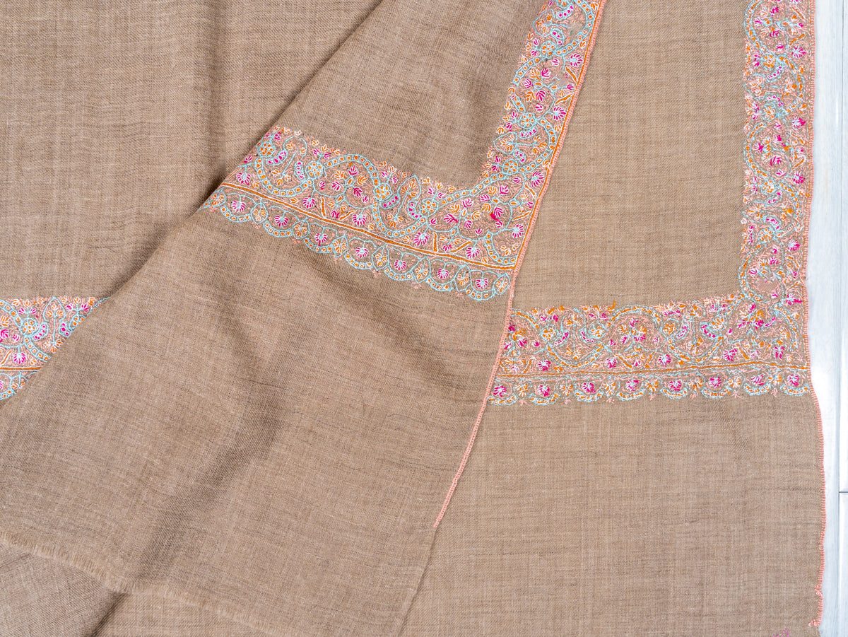 Taupe Whisper Pure Pashmina Hand Embroidered Sozni Shawl