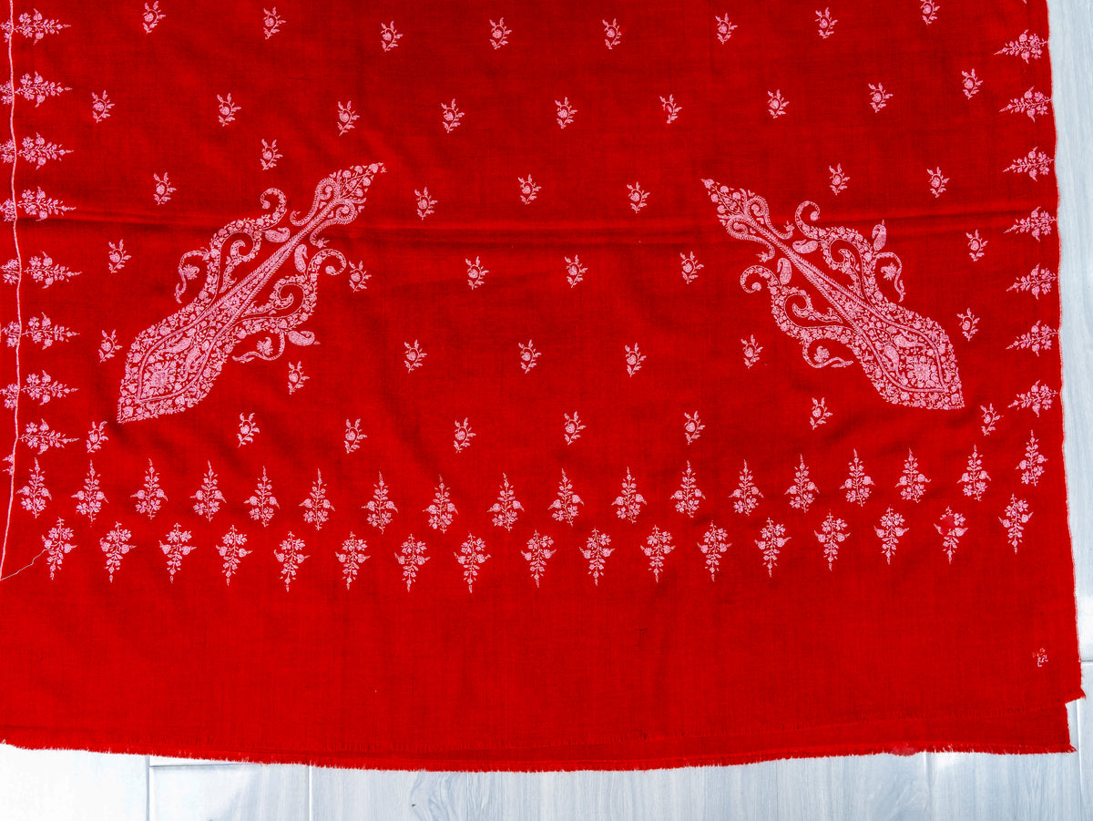 Scarlet Paisley Pure Pashmina Sozni Hand Embroidered Shawl