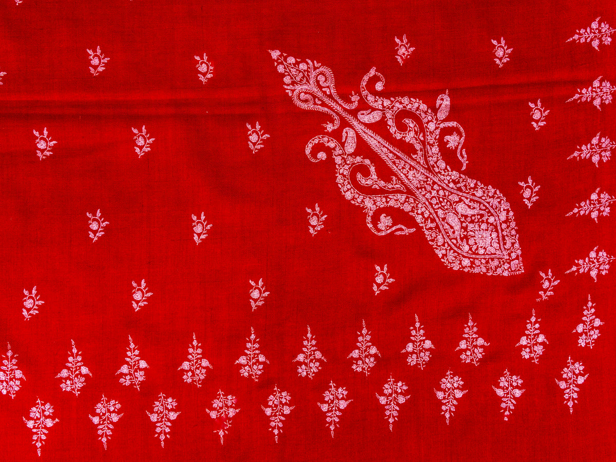 Scarlet Paisley Pure Pashmina Sozni Hand Embroidered Shawl