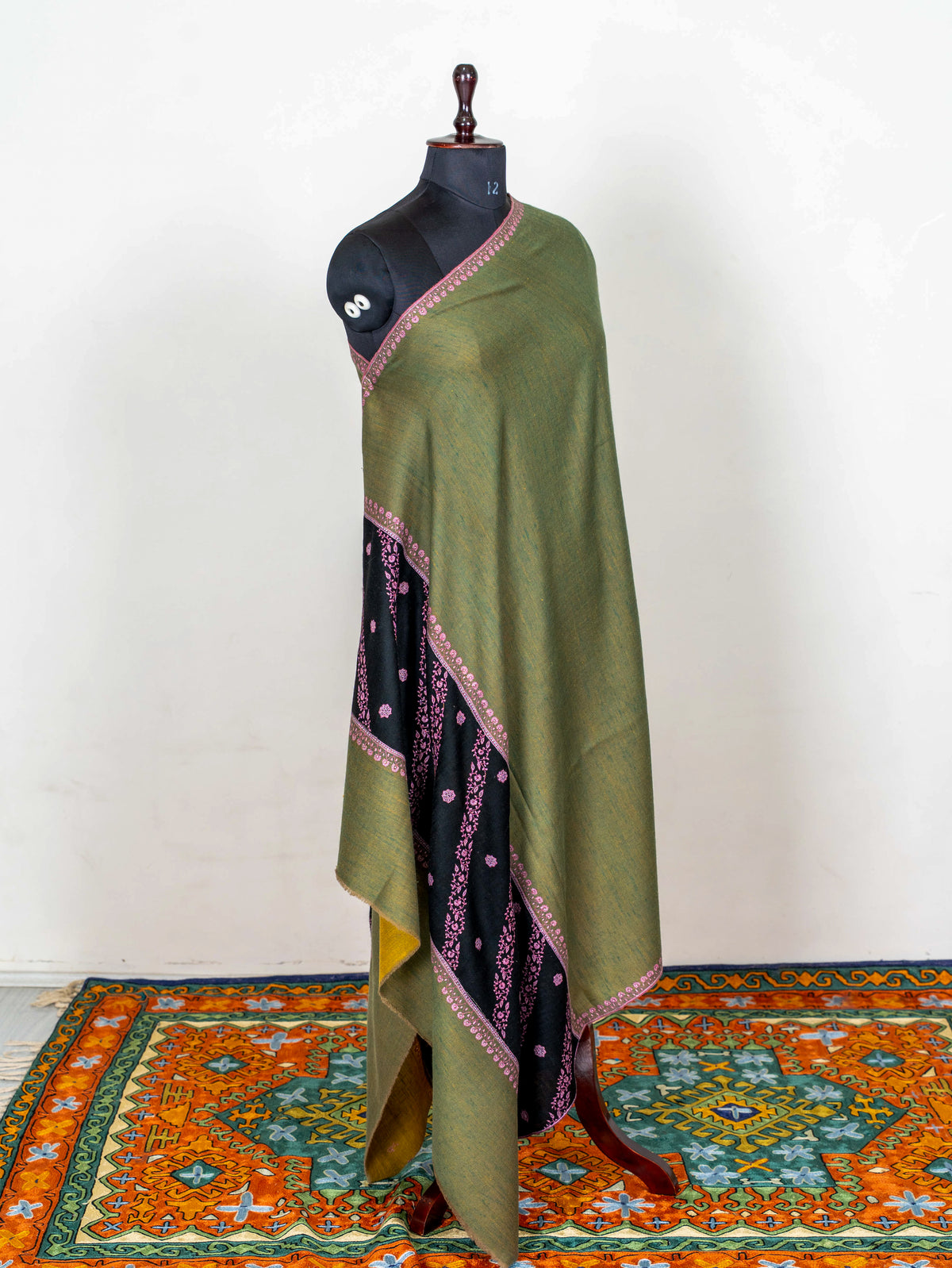 Olive Noir Pure Pashmina Hand Embroidered Sozni Shawl