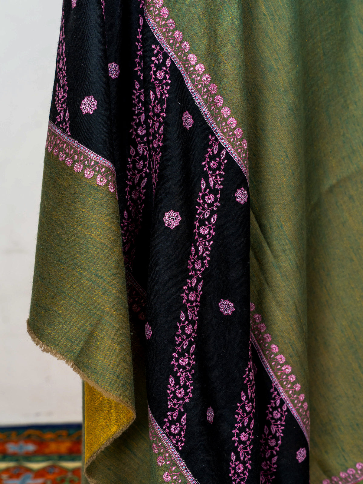 Olive Noir Pure Pashmina Hand Embroidered Sozni Shawl