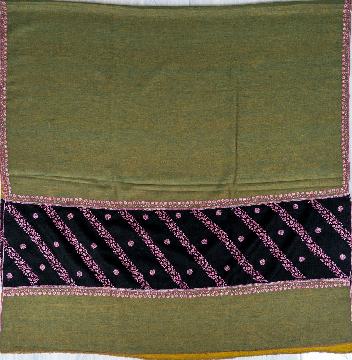 Olive Noir Pure Pashmina Hand Embroidered Sozni Shawl