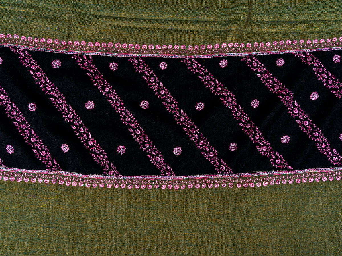 Olive Noir Pure Pashmina Hand Embroidered Sozni Shawl