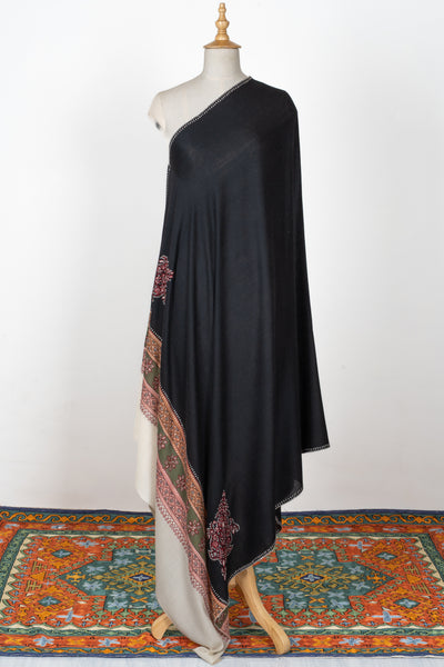 2.5 Yards | Shabnam-e-Siyah — Sozni Hand-Embroidered Shawl in Black with Multicolor Borders