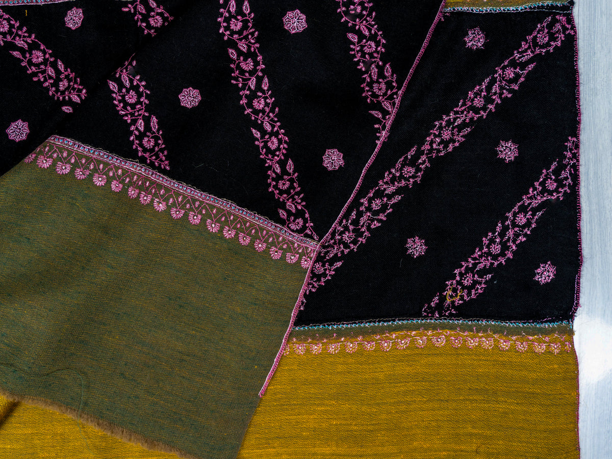 Olive Noir Pure Pashmina Hand Embroidered Sozni Shawl
