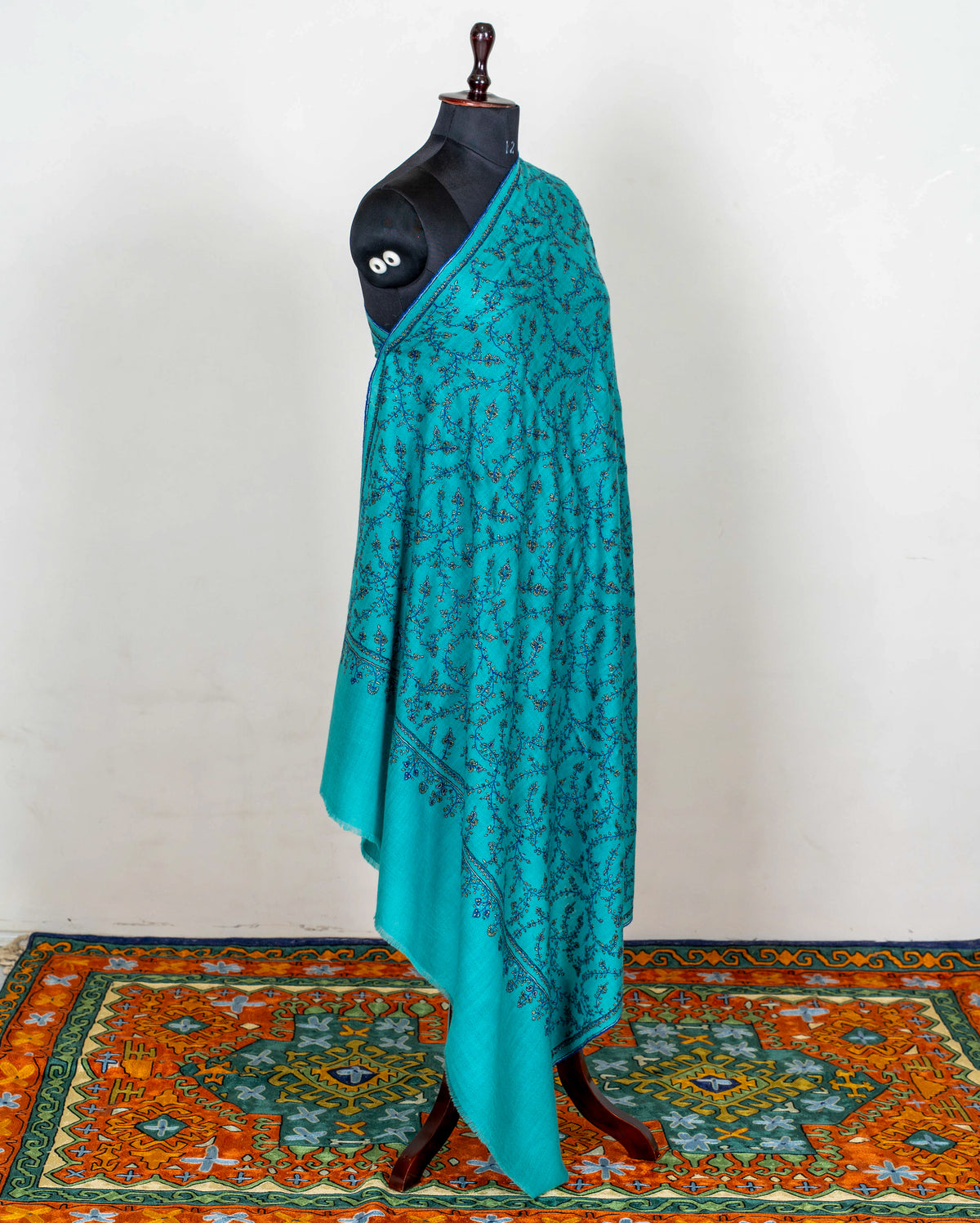 Turquoise Trellis Pure Pashmina Sozni Hand Embroidered Shawl
