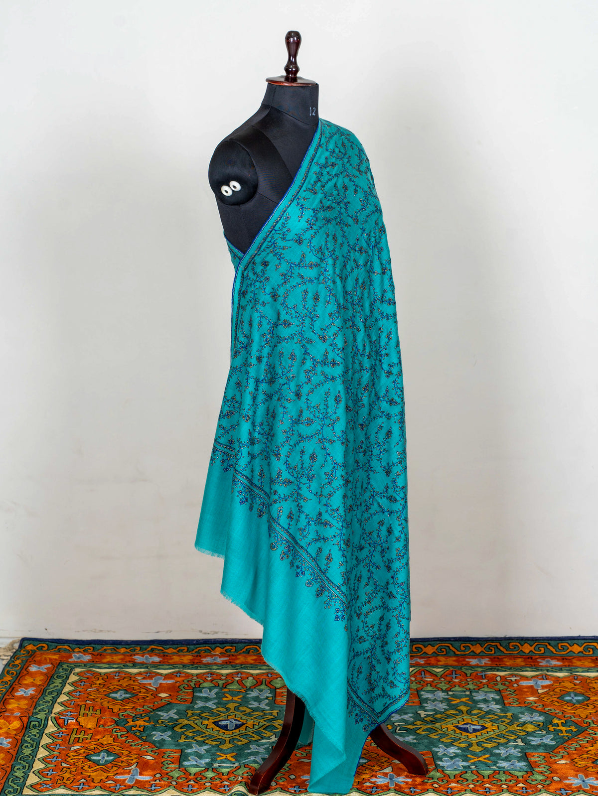 Turquoise Trellis Pure Pashmina Sozni Hand Embroidered Shawl