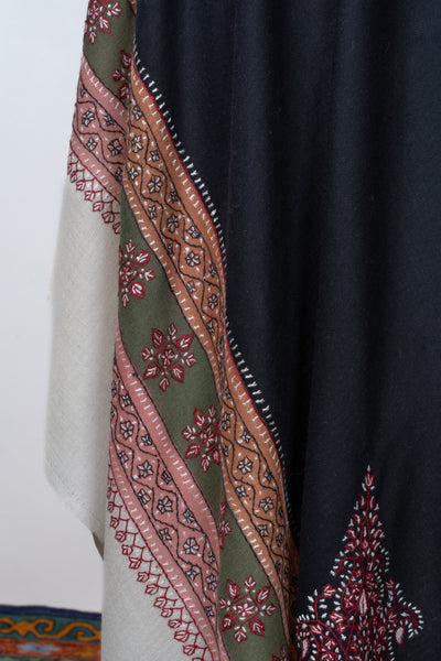 2.5 Yards | Shabnam-e-Siyah — Sozni Hand-Embroidered Shawl in Black with Multicolor Borders