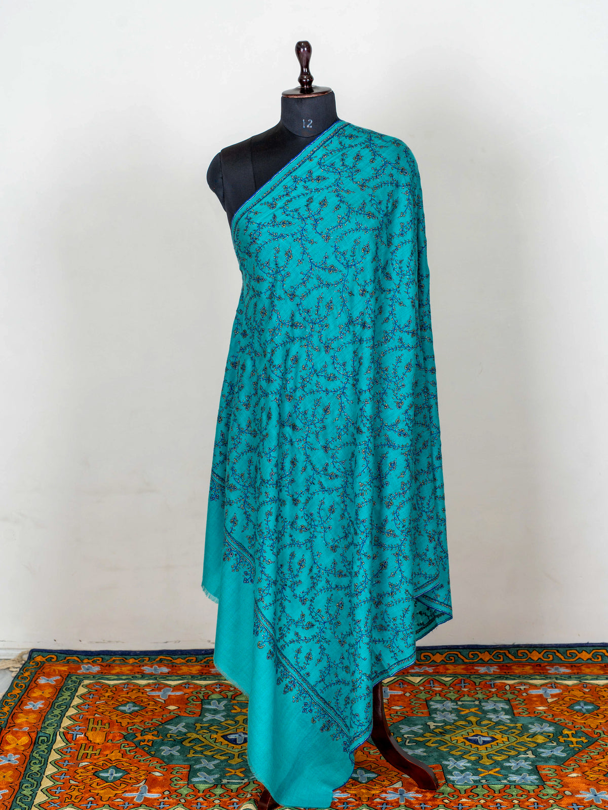 Turquoise Trellis Pure Pashmina Sozni Hand Embroidered Shawl