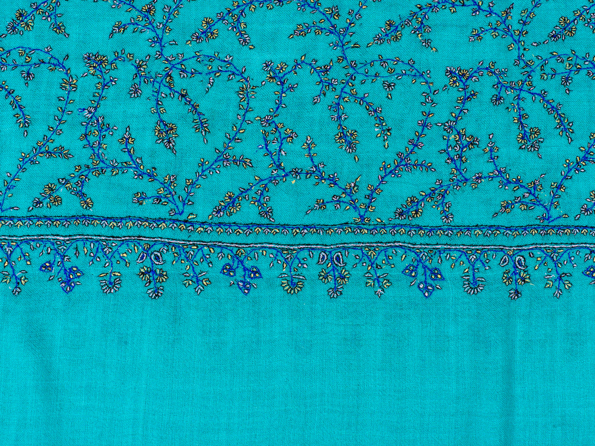 Turquoise Trellis Pure Pashmina Sozni Hand Embroidered Shawl
