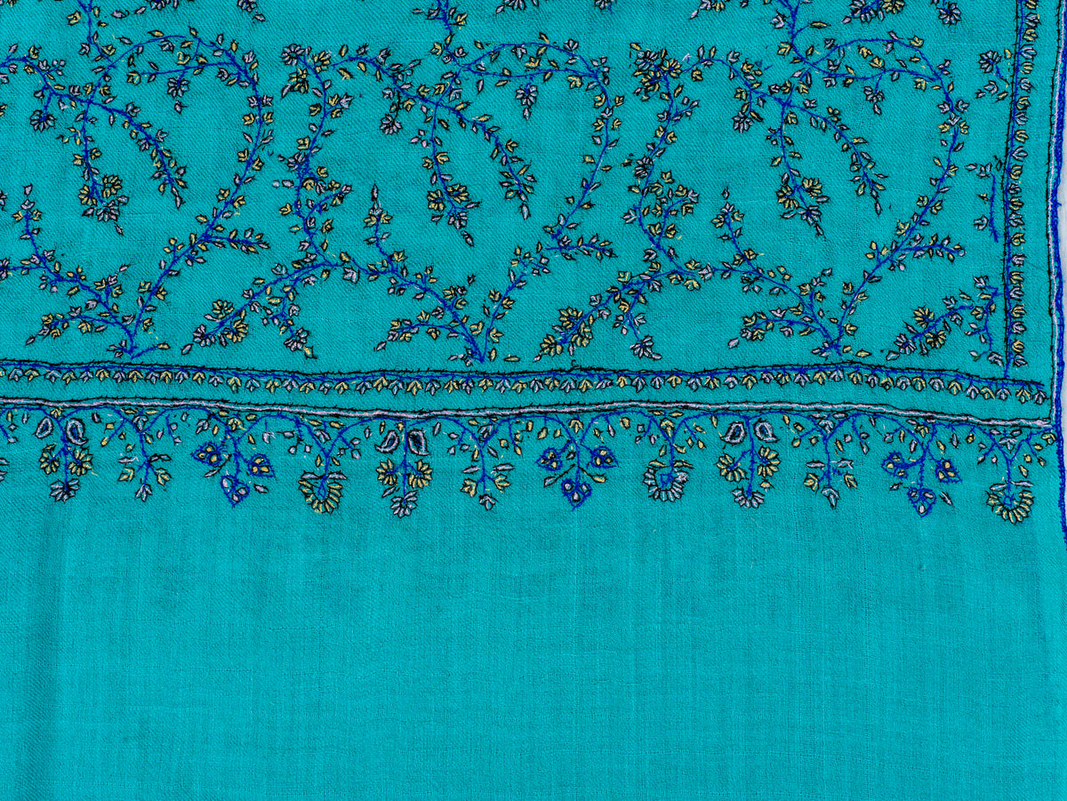 Turquoise Trellis Pure Pashmina Sozni Hand Embroidered Shawl