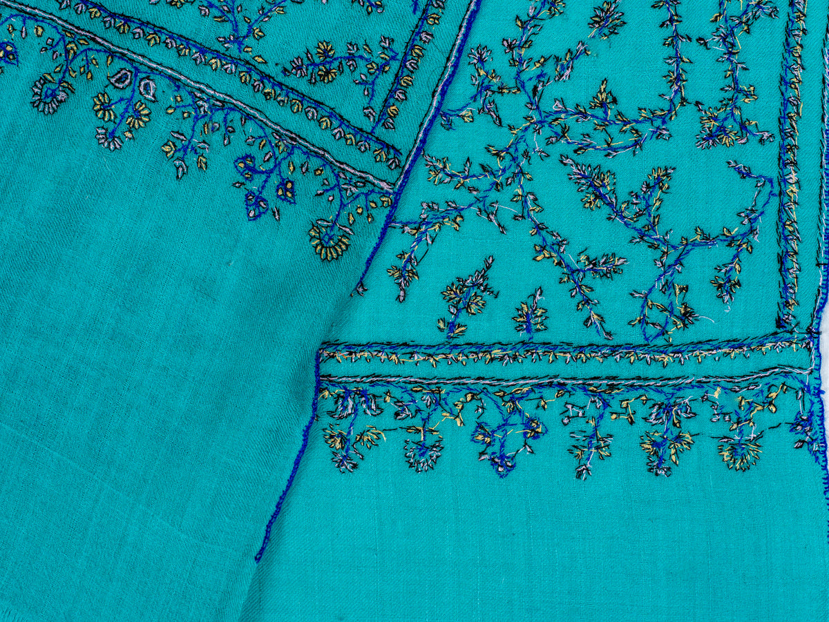 Turquoise Trellis Pure Pashmina Sozni Hand Embroidered Shawl