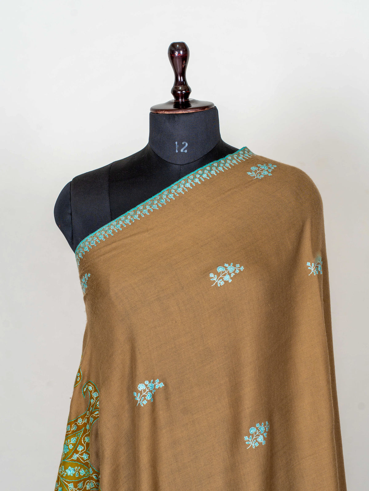 Camel Turquoise Pure Pashmina Hand Embroidered Sozni Shawl