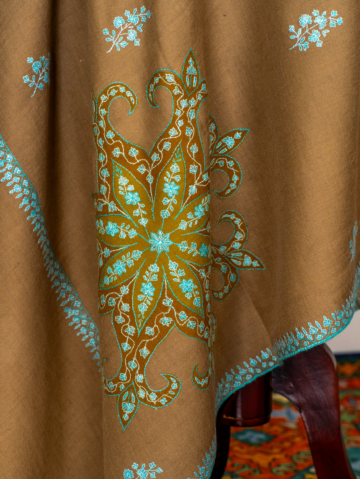 Camel Turquoise Pure Pashmina Hand Embroidered Sozni Shawl