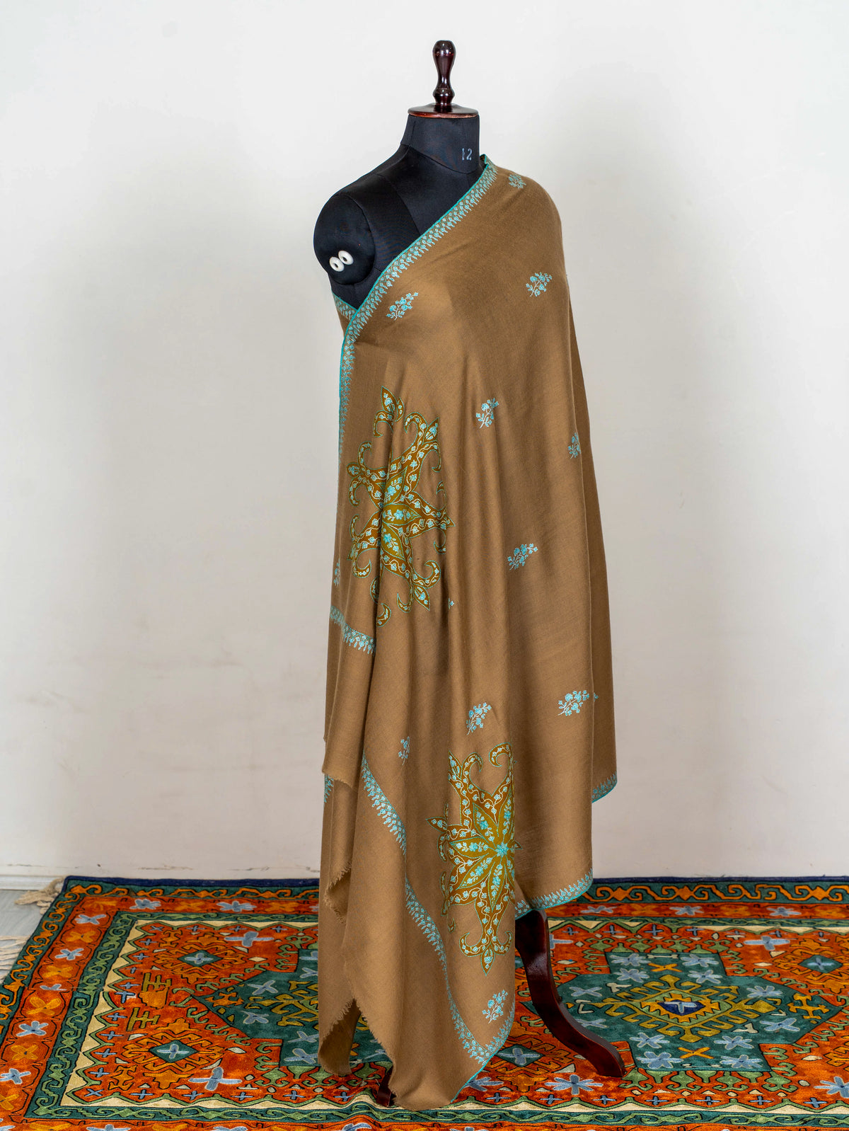 Camel Turquoise Pure Pashmina Hand Embroidered Sozni Shawl