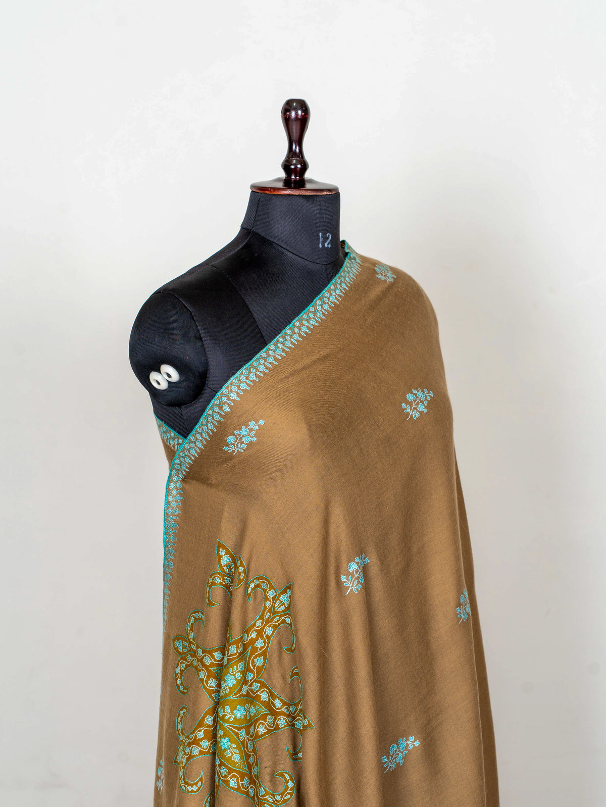 Camel Turquoise Pure Pashmina Hand Embroidered Sozni Shawl
