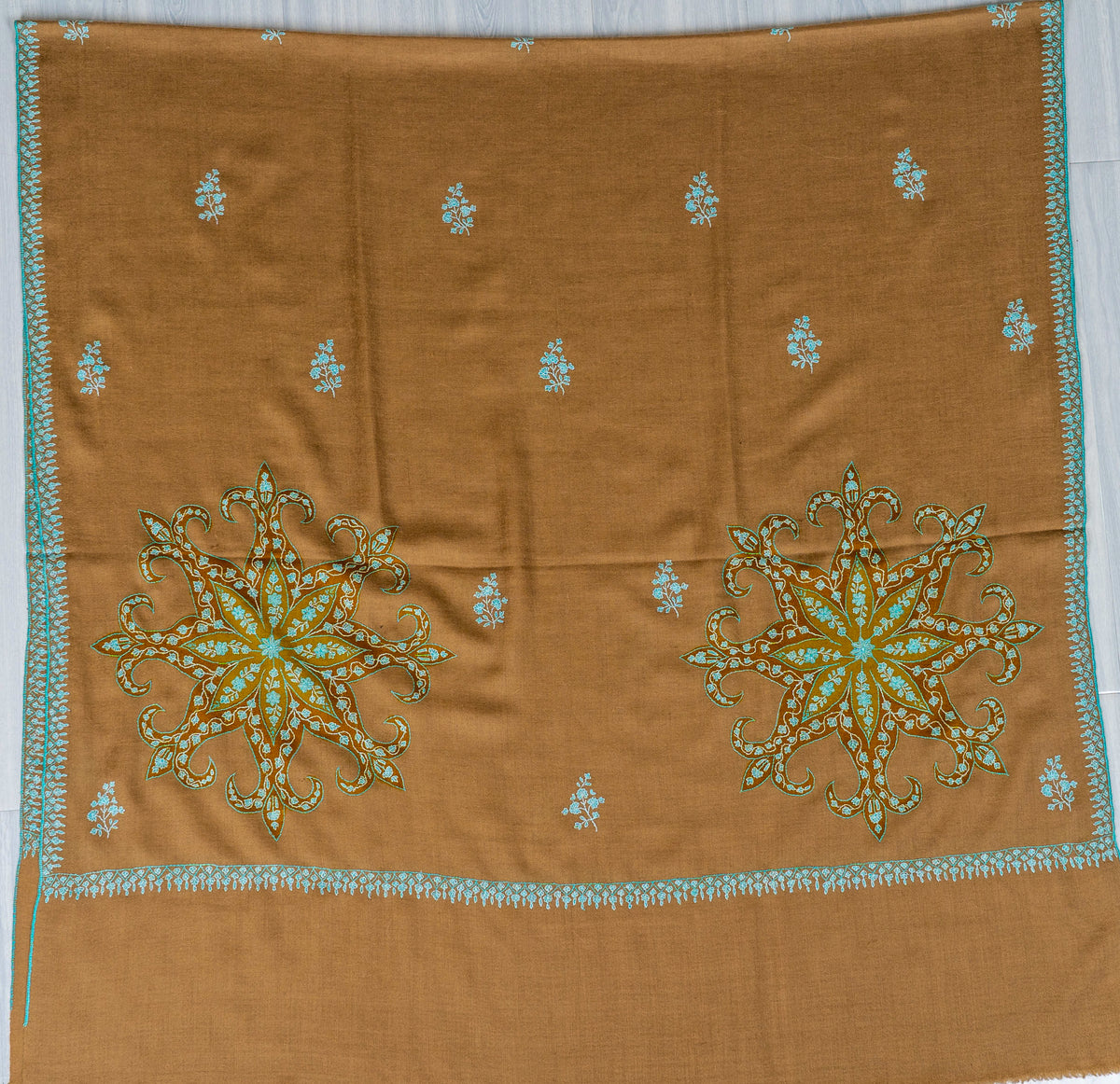 Camel Turquoise Pure Pashmina Hand Embroidered Sozni Shawl