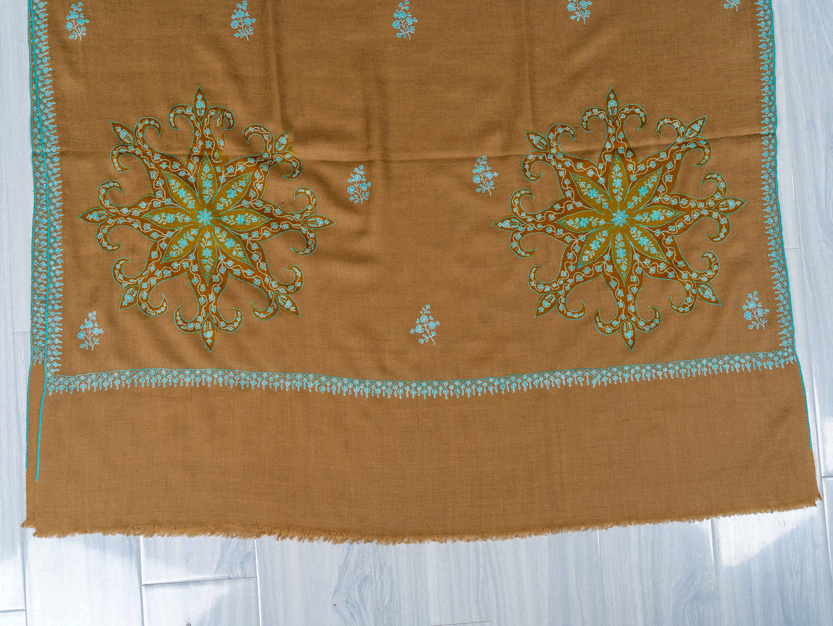 Camel Turquoise Pure Pashmina Hand Embroidered Sozni Shawl