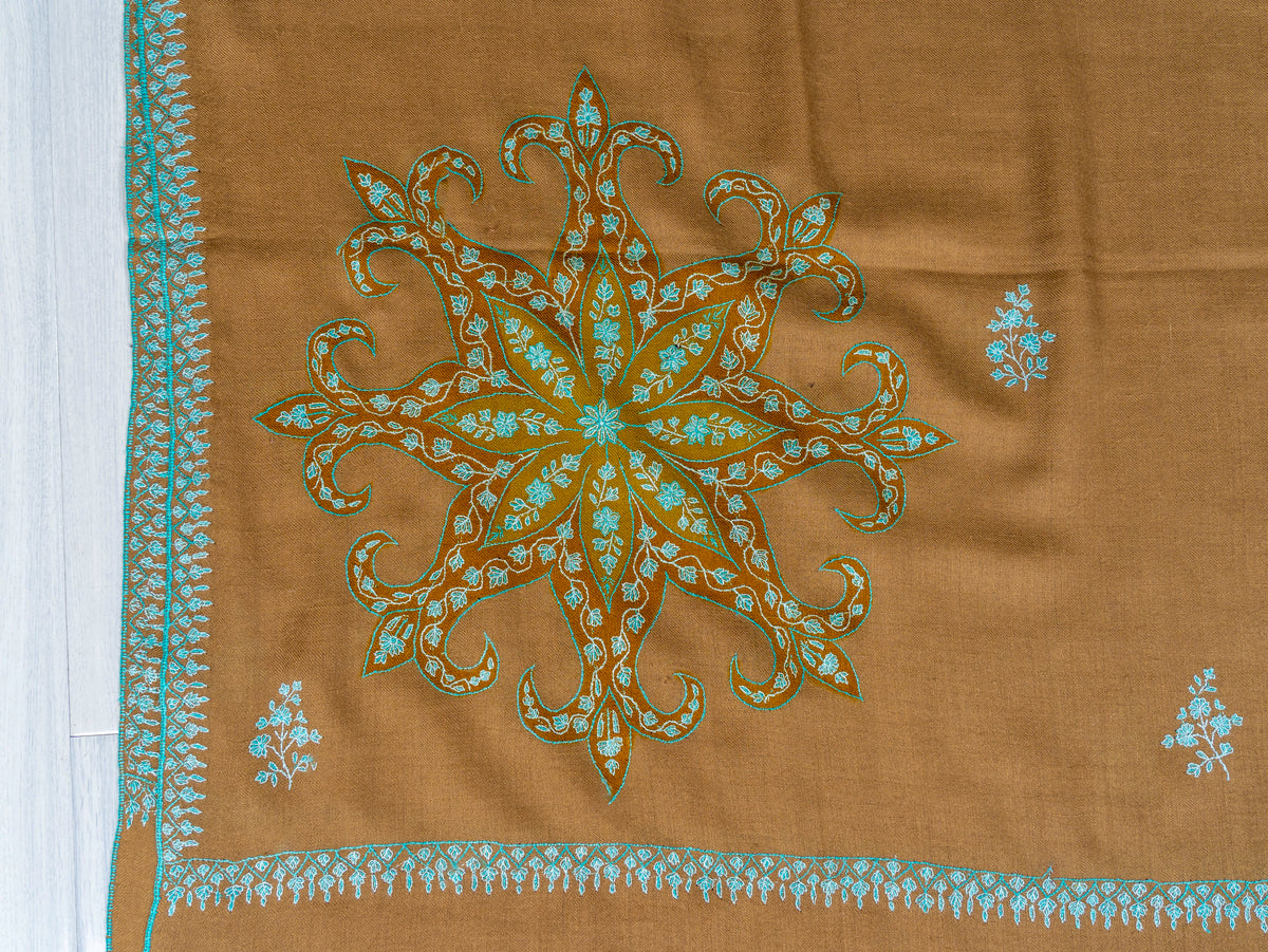 Camel Turquoise Pure Pashmina Hand Embroidered Sozni Shawl