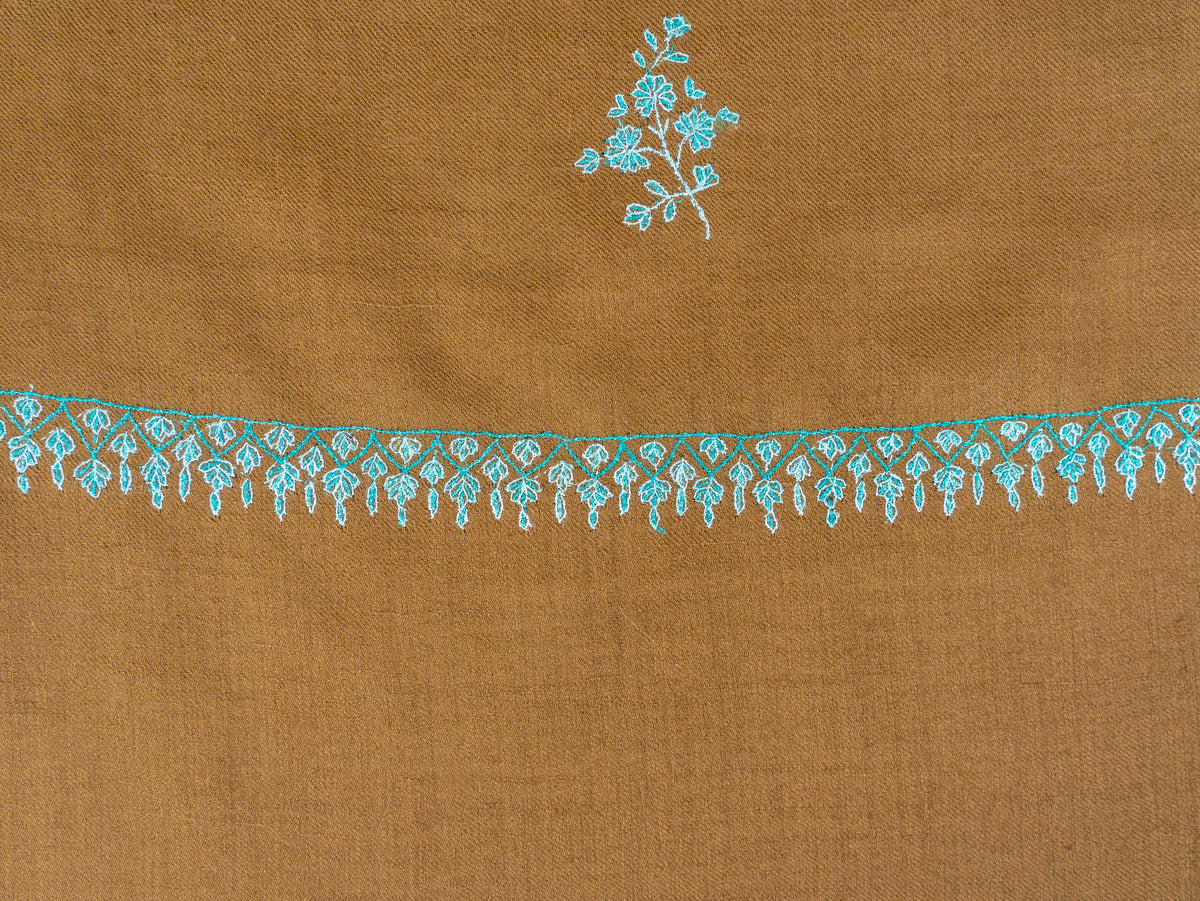 Camel Turquoise Pure Pashmina Hand Embroidered Sozni Shawl