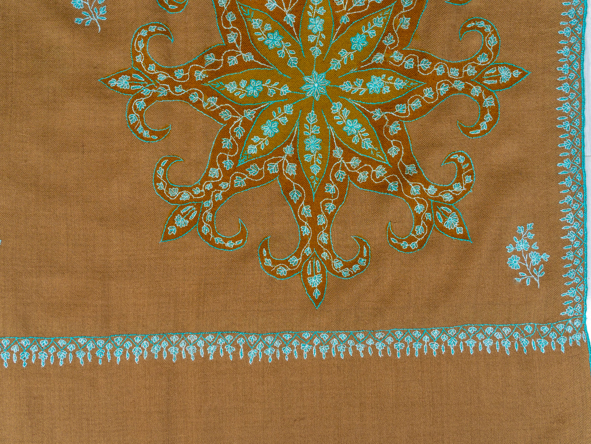 Camel Turquoise Pure Pashmina Hand Embroidered Sozni Shawl