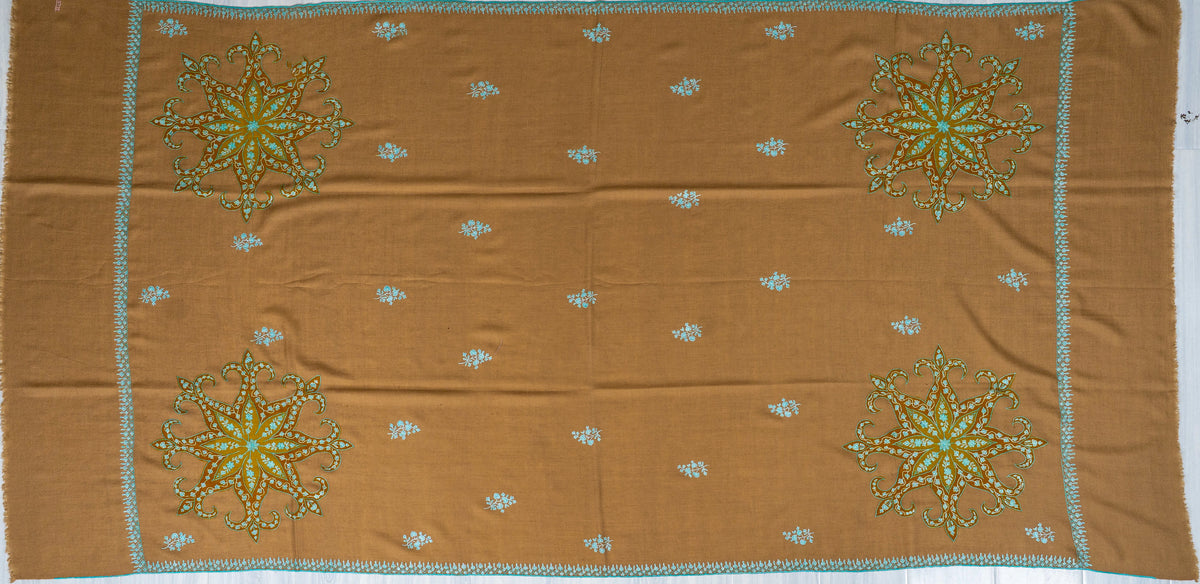 Camel Turquoise Pure Pashmina Hand Embroidered Sozni Shawl