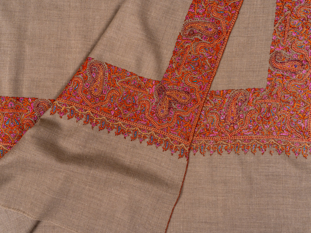 Ember Border Pure Pashmina Sozni Hand Embroidered Shawl