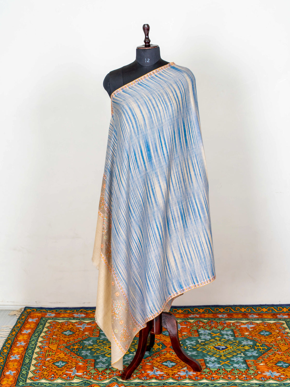 Azure Stripe Pure Pashmina Sozni Hand Embroidered Shawl