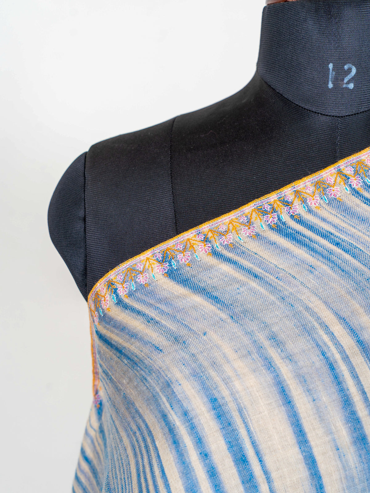 Azure Stripe Pure Pashmina Sozni Hand Embroidered Shawl