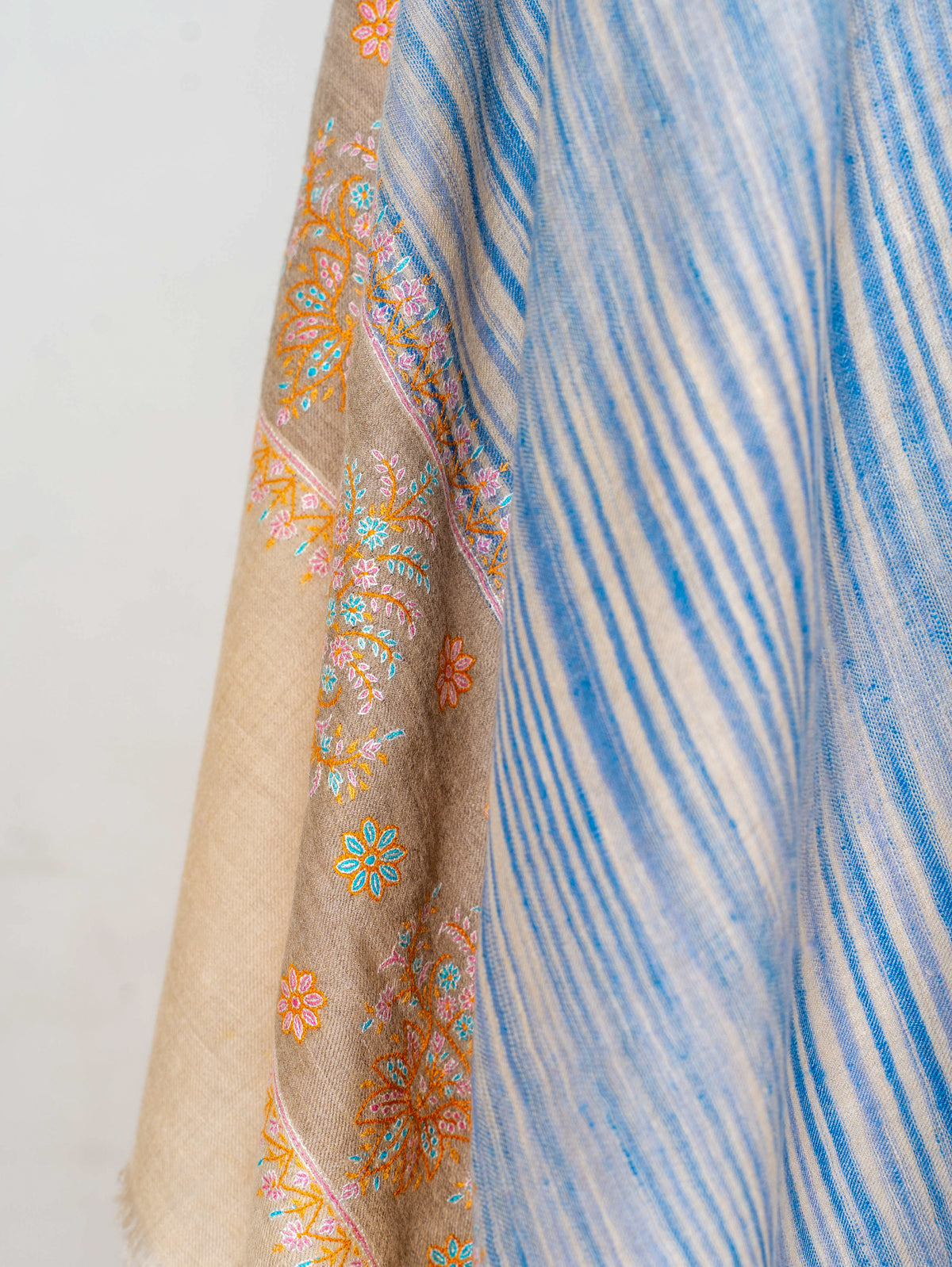 Azure Stripe Pure Pashmina Sozni Hand Embroidered Shawl
