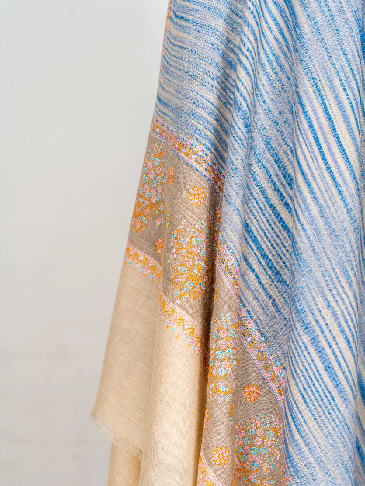 Azure Stripe Pure Pashmina Sozni Hand Embroidered Shawl