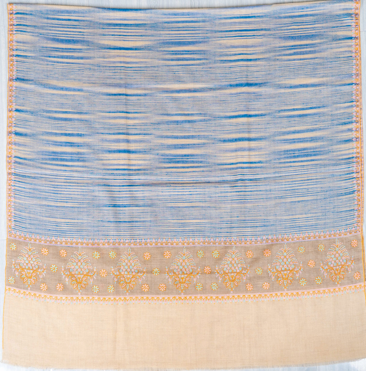 Azure Stripe Pure Pashmina Sozni Hand Embroidered Shawl