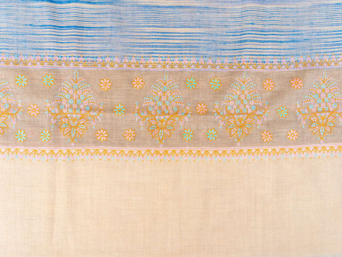 Azure Stripe Pure Pashmina Sozni Hand Embroidered Shawl