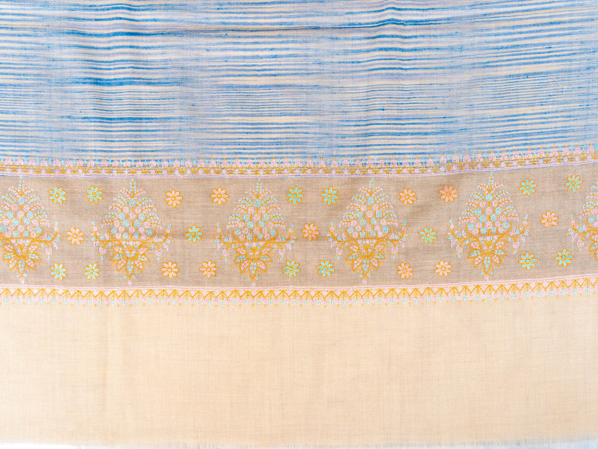 Azure Stripe Pure Pashmina Sozni Hand Embroidered Shawl