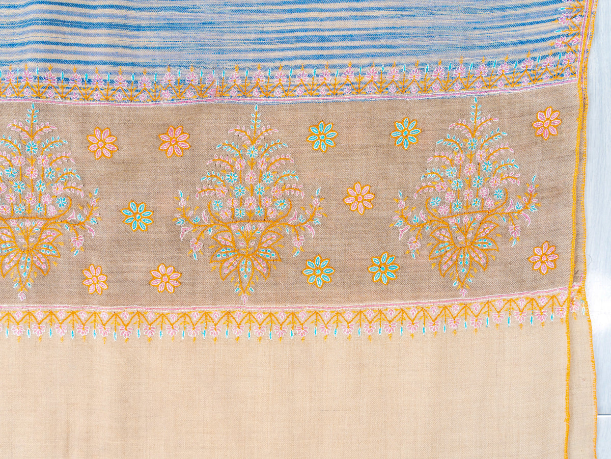 Azure Stripe Pure Pashmina Sozni Hand Embroidered Shawl