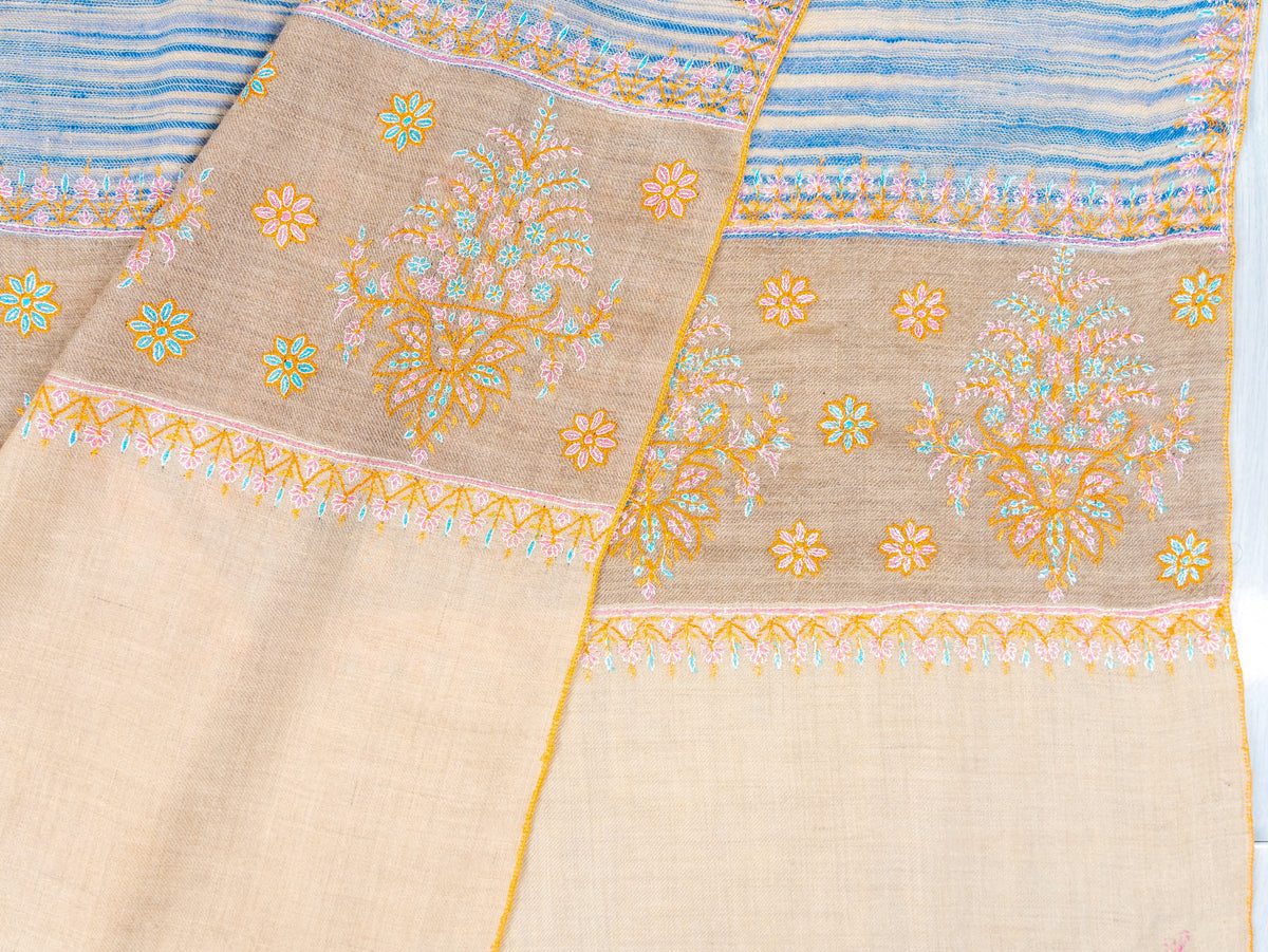 Azure Stripe Pure Pashmina Sozni Hand Embroidered Shawl