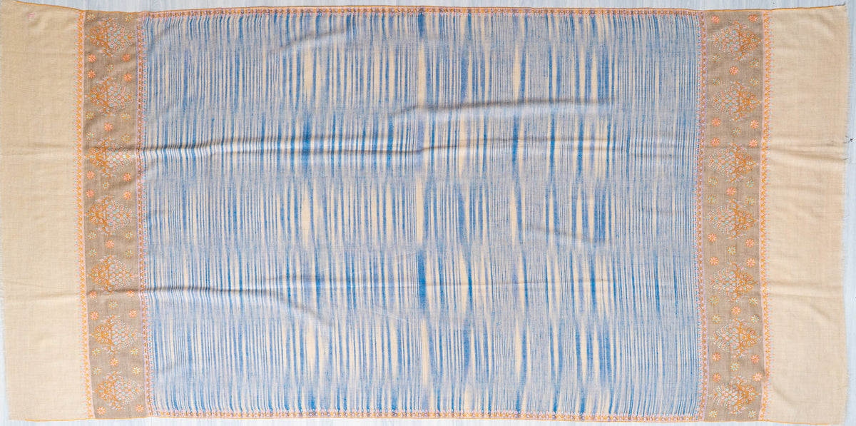 Azure Stripe Pure Pashmina Sozni Hand Embroidered Shawl